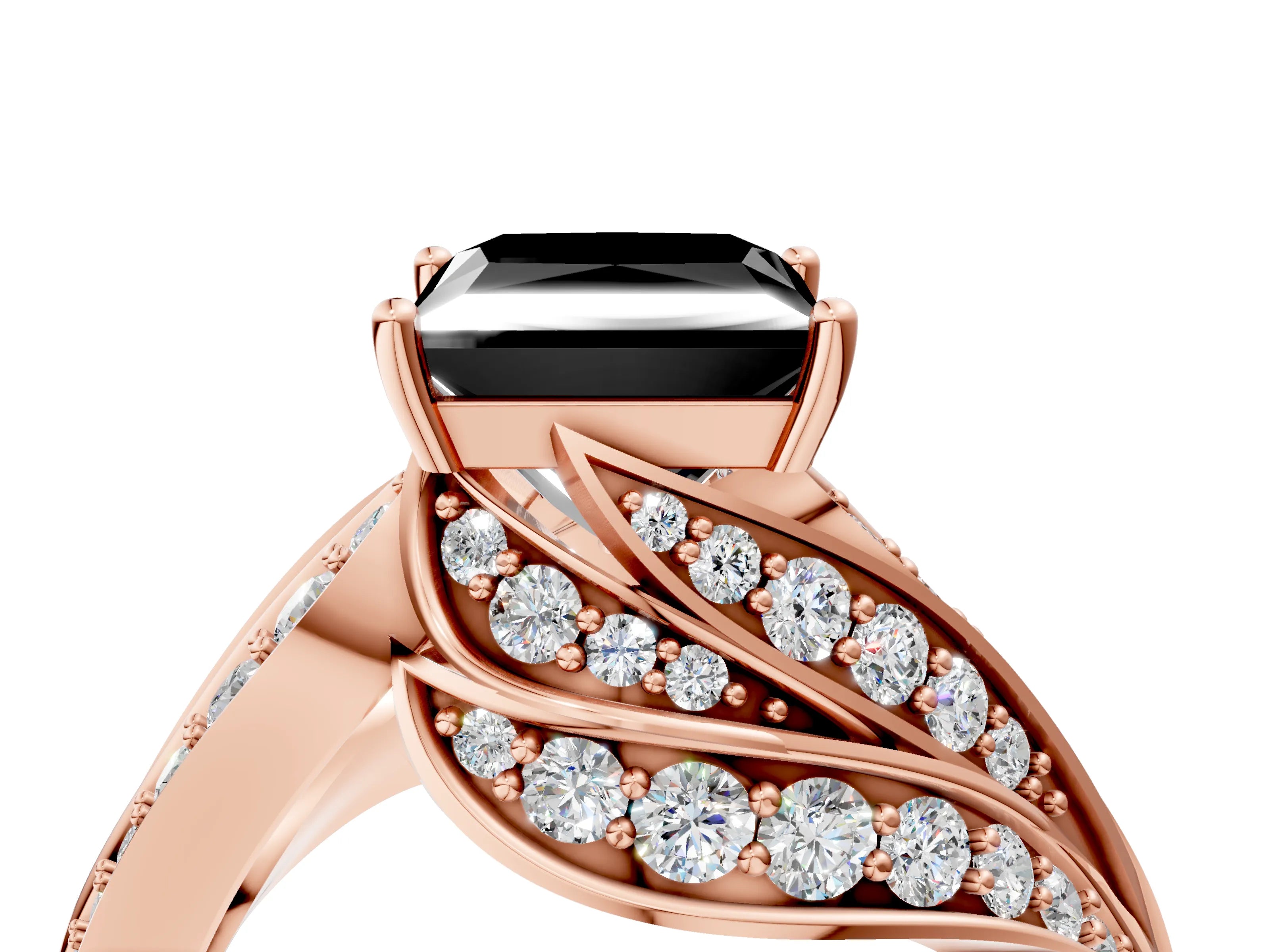 Rose gold Fancy Black Princess Cut Diamond Solitaire Ring with Prong Setting and Twisted Pavé Band_4
