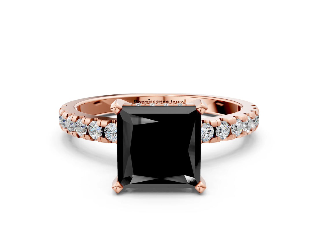 Rose gold Fancy Black Princess Cut Diamond Solitaire Ring with Round  Pavé Band and Four-Prong Setting_36