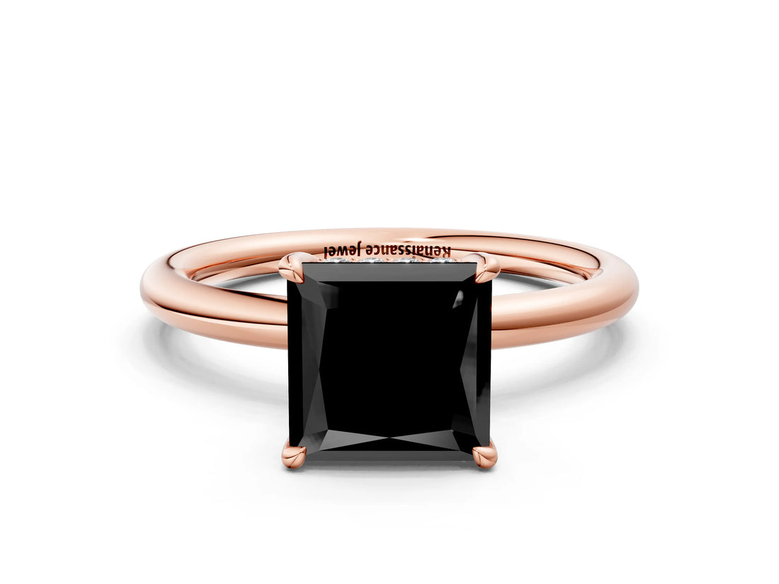 Rose gold Fancy Black Princess Cut Diamond Solitaire Ring with Thin Band and Four-Prong Setting