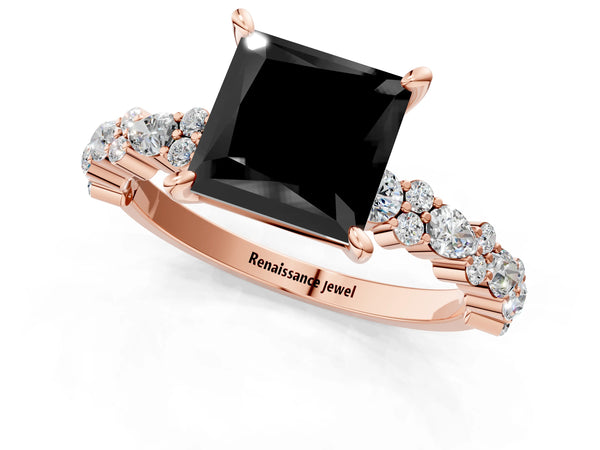 Rose Gold Princess Cut Pear Side Stone Engagement Ring Setting for Black Center