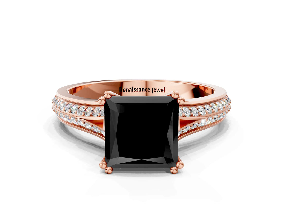 Rose gold Fancy Black Princess Cut Diamond Split Shank Engagement Ring with Pavé Band