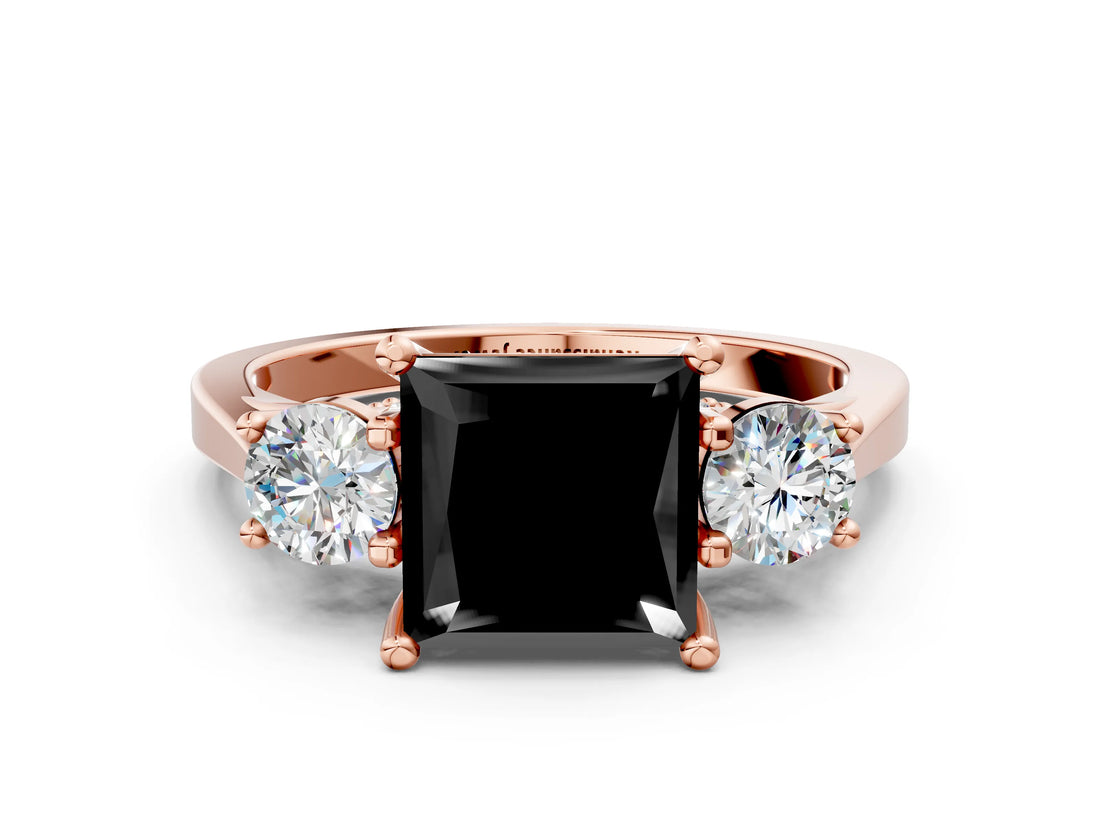Rose gold Fancy Black Princess Cut Diamond Three-Stone Engagement Ring with Prong Setting and Pavé Band
