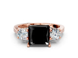 Rose gold Fancy Black Princess Cut Diamond Three-Stone Engagement Ring with Prong Setting and Pavé Band