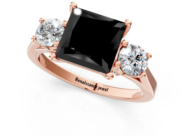 Rose gold Fancy Black Princess Cut Diamond Three-Stone Engagement Ring with Prong Setting and Pavé Band