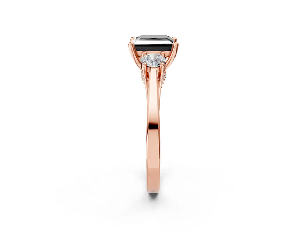 Rose gold Fancy Black Princess Cut Diamond Three-Stone Engagement Ring with Prong Setting and Pavé Band