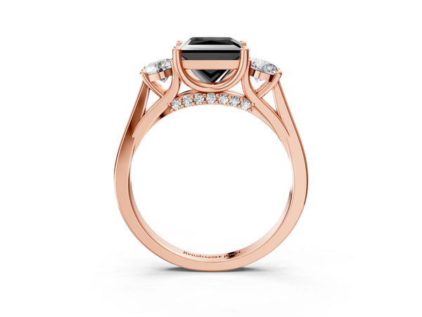 Rose gold Fancy Black Princess Cut Diamond Three-Stone Engagement Ring with Prong Setting and Pavé Band