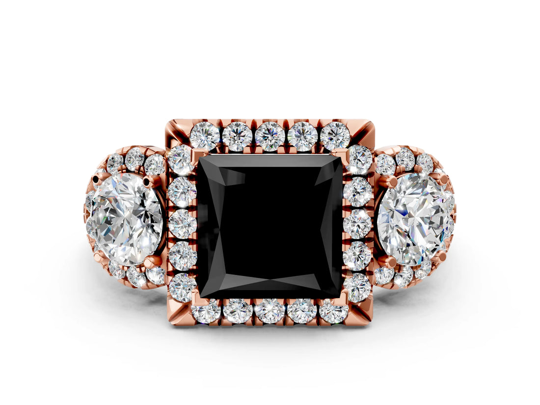 Rose gold Fancy Black Princess Cut Diamond Three-Stone Halo Ring with Prong Setting and Pavé Accents