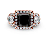 Rose gold Fancy Black Princess Cut Diamond Three-Stone Halo Ring with Prong Setting and Pavé Accents
