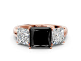 Rose gold Fancy Black Princess Cut Diamond Three-Stone Ring with Four-Prong Setting and Classic Band