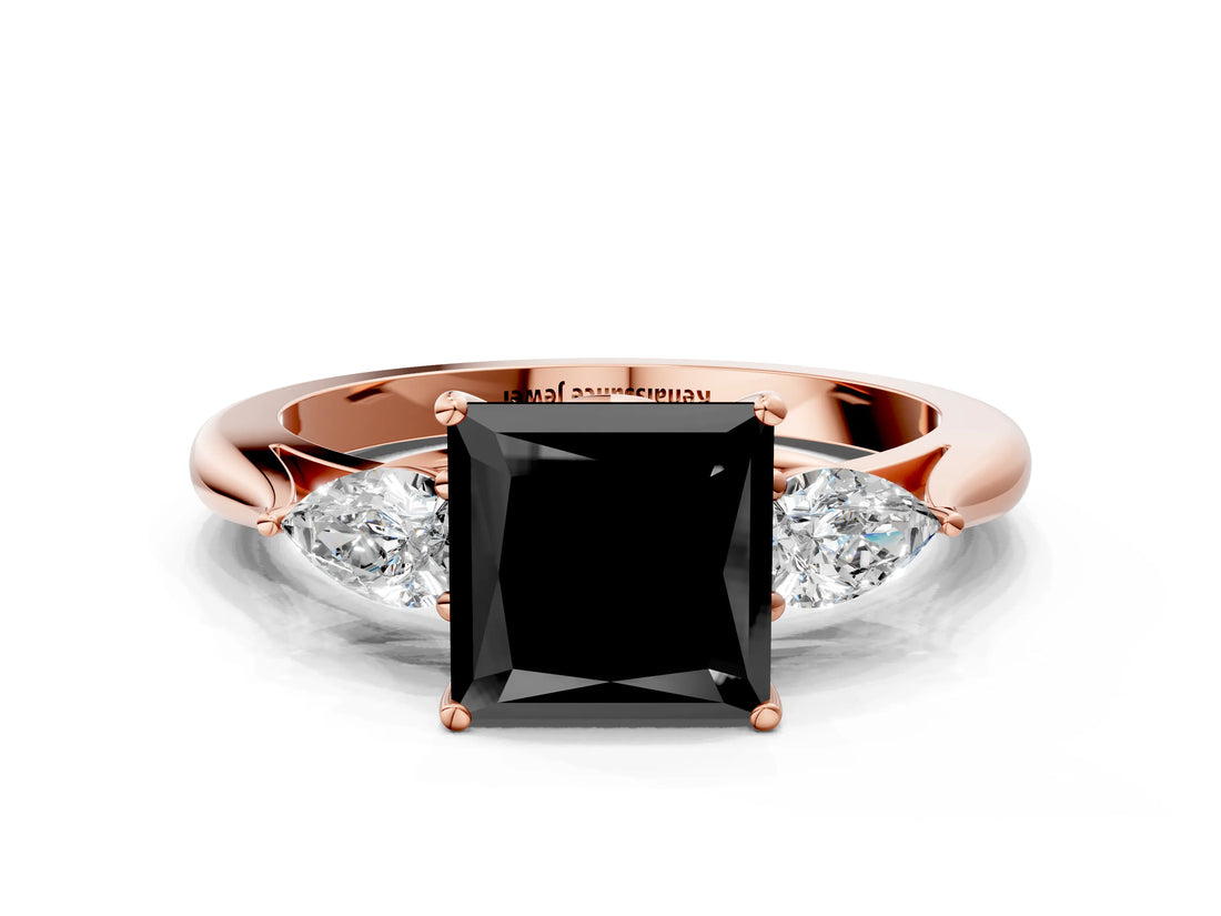 Rose gold Fancy Black Princess Cut Diamond Three-Stone Ring with Pear Side Stones and Four-Prong Setting_24