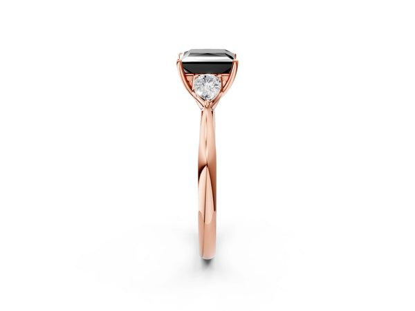 Rose Gold Princess Cut Three Stone Pear Side Engagement Ring Setting for Black Center