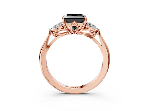 Rose Gold Princess Cut Three Stone Pear Side Engagement Ring Setting for Black Center