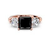 Rose gold Fancy Black Princess Cut Diamond Three-Stone Ring with Prong Setting and Pavé Band