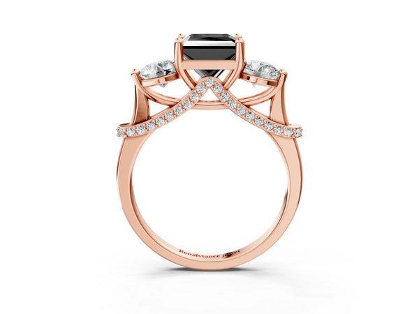 Rose Gold Princess Cut Curved Pave Three Stone Engagement Ring Setting for Black Center
