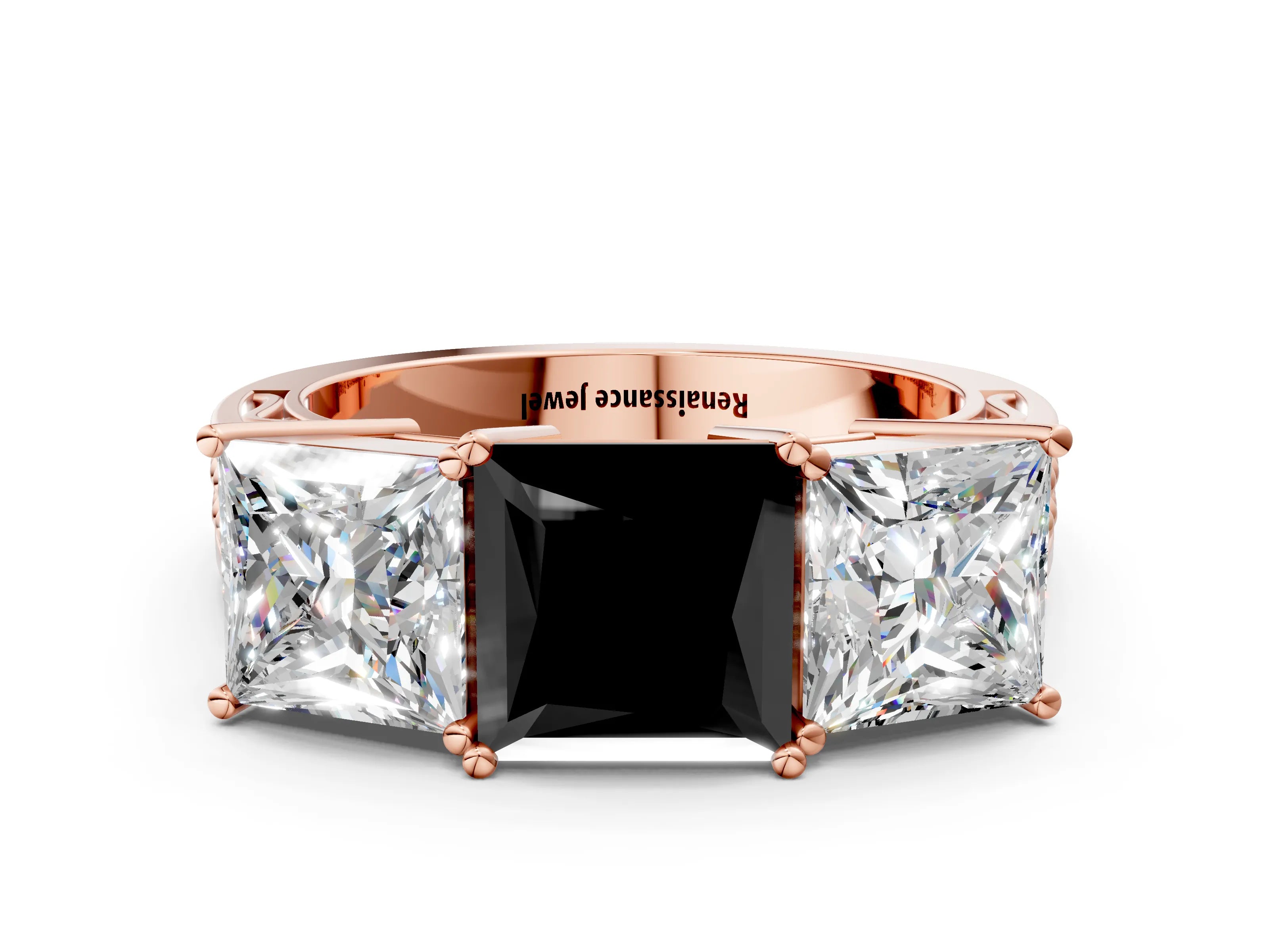 Rose gold Fancy Black Princess Cut Diamond Three-Stone Ring with Prong Setting and Textured Band