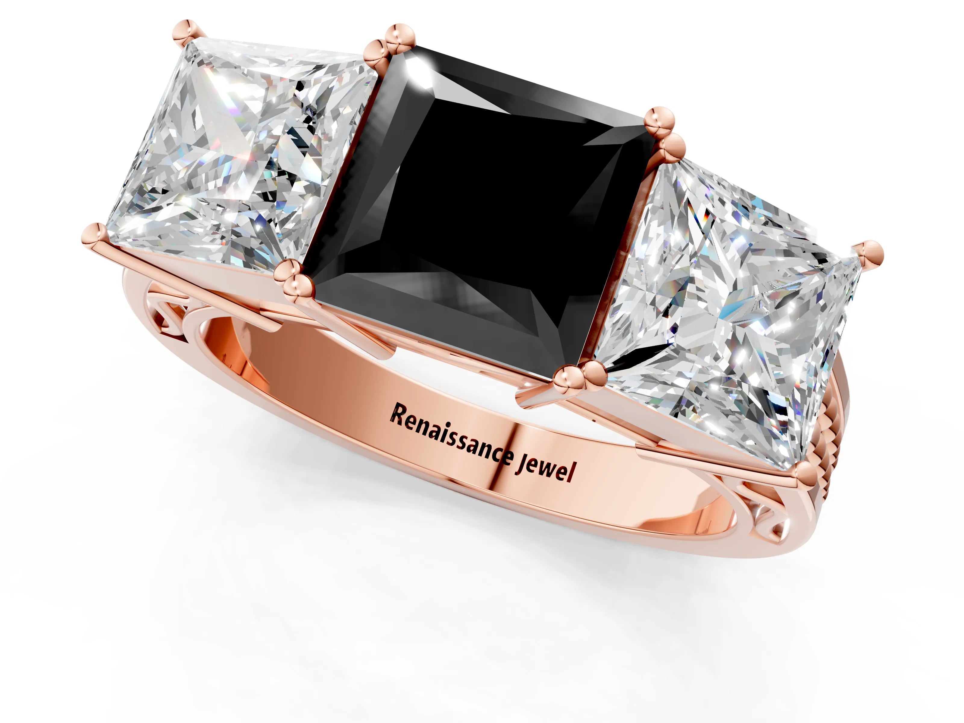Rose gold Fancy Black Princess Cut Diamond Three-Stone Ring with Prong Setting and Textured Band_1