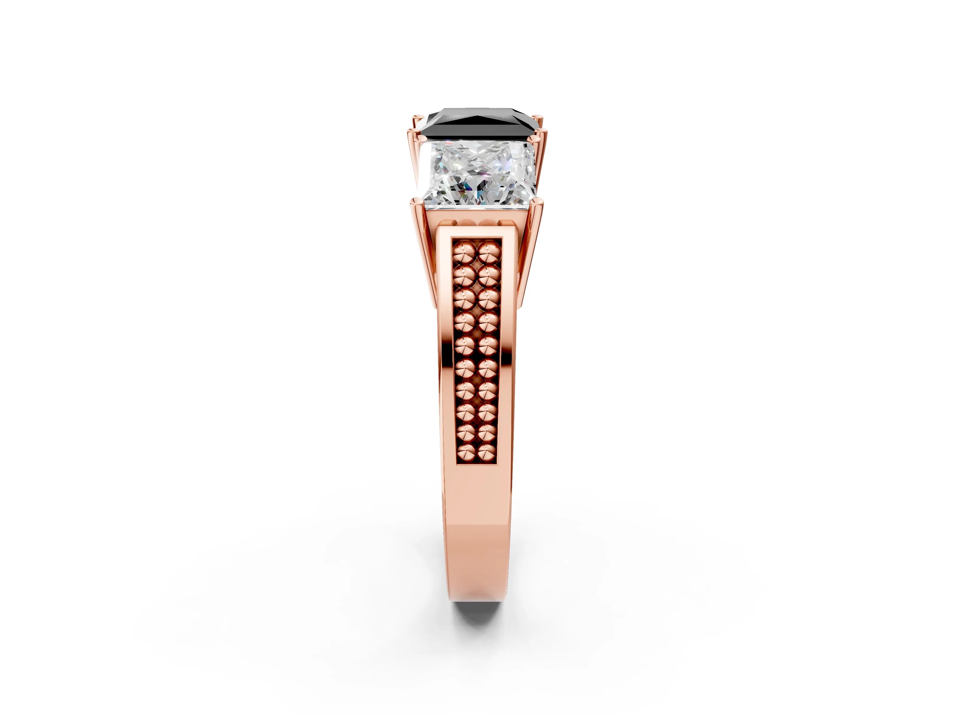 Rose gold Fancy Black Princess Cut Diamond Three-Stone Ring with Prong Setting and Textured Band_2