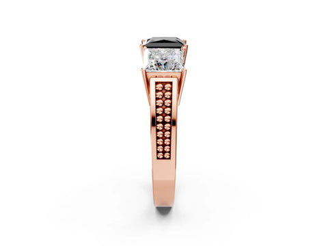Rose gold Fancy Black Princess Cut Diamond Three-Stone Ring with Prong Setting and Textured Band_2