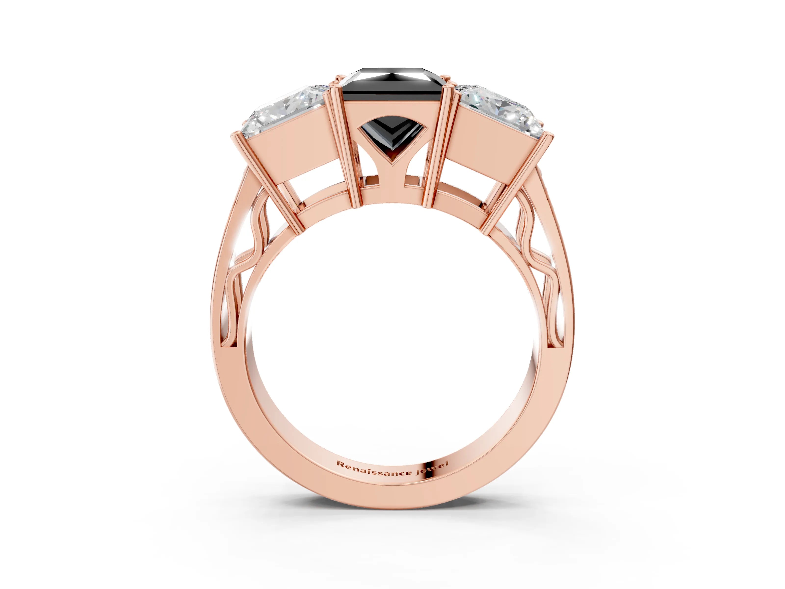 Rose gold Fancy Black Princess Cut Diamond Three-Stone Ring with Prong Setting and Textured Band_3