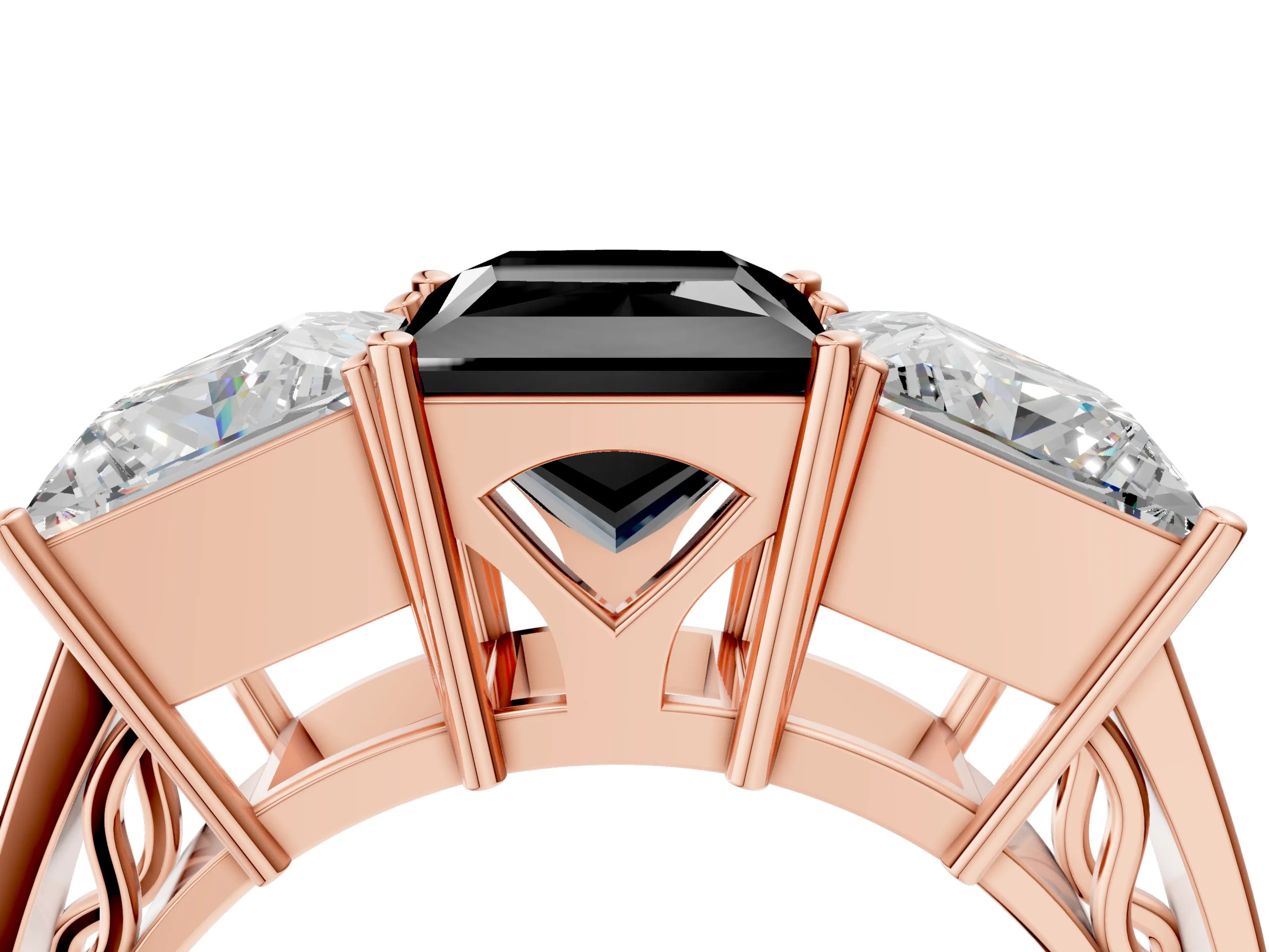 Rose gold Fancy Black Princess Cut Diamond Three-Stone Ring with Prong Setting and Textured Band_4