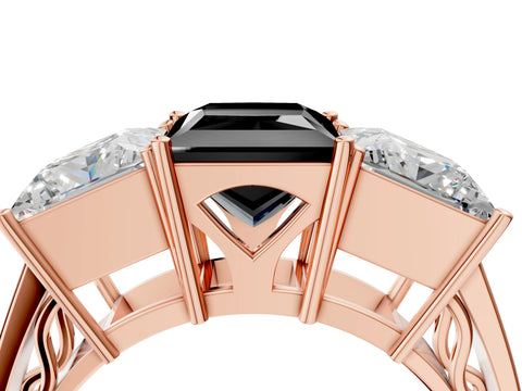 Rose gold Fancy Black Princess Cut Diamond Three-Stone Ring with Prong Setting and Textured Band_4