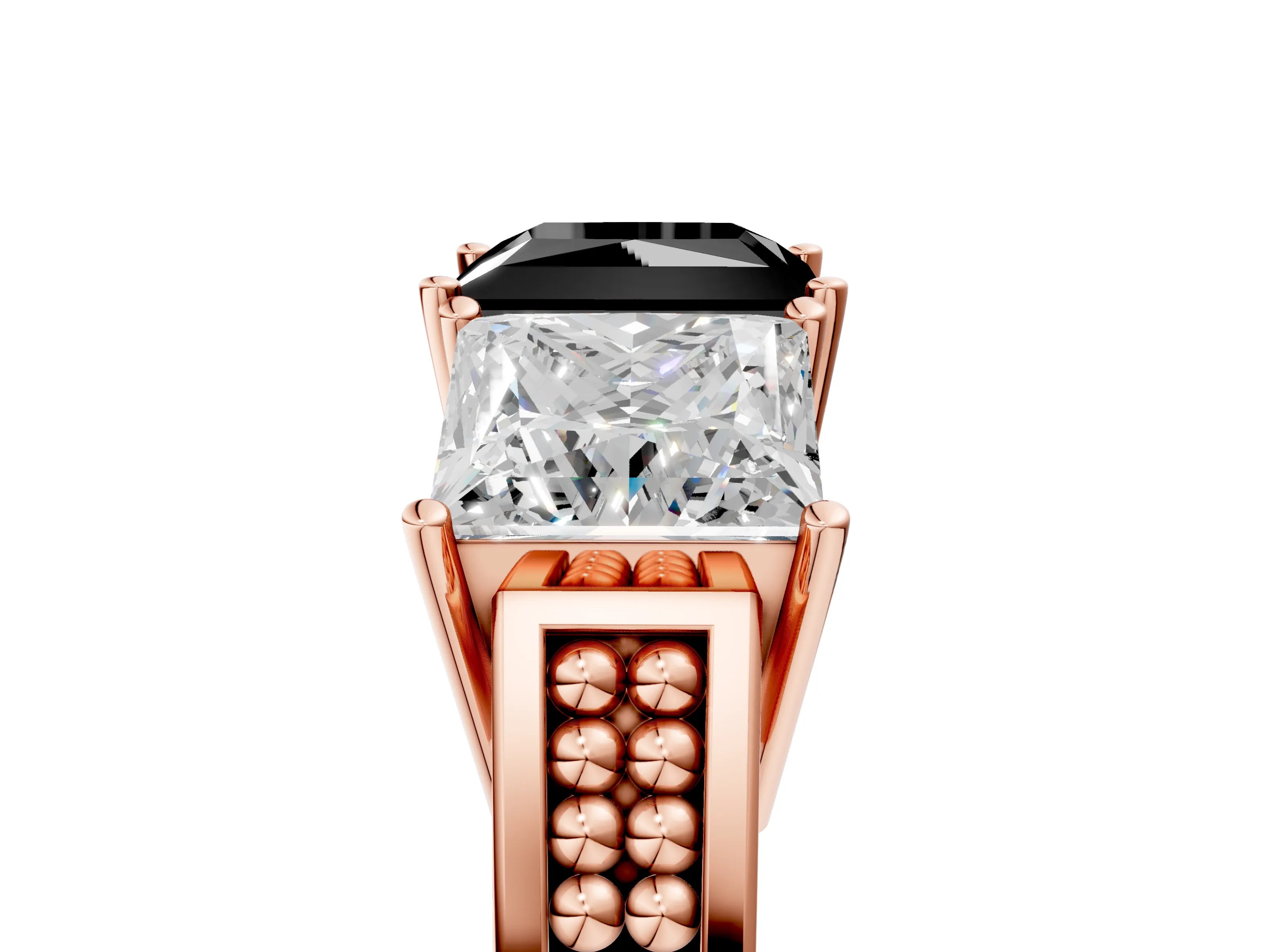 Rose gold Fancy Black Princess Cut Diamond Three-Stone Ring with Prong Setting and Textured Band_5