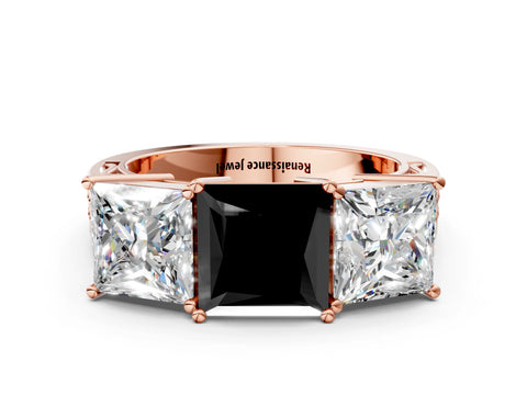 Rose gold Fancy Black Princess Cut Diamond Three-Stone Ring with Prong Setting and Textured Band
