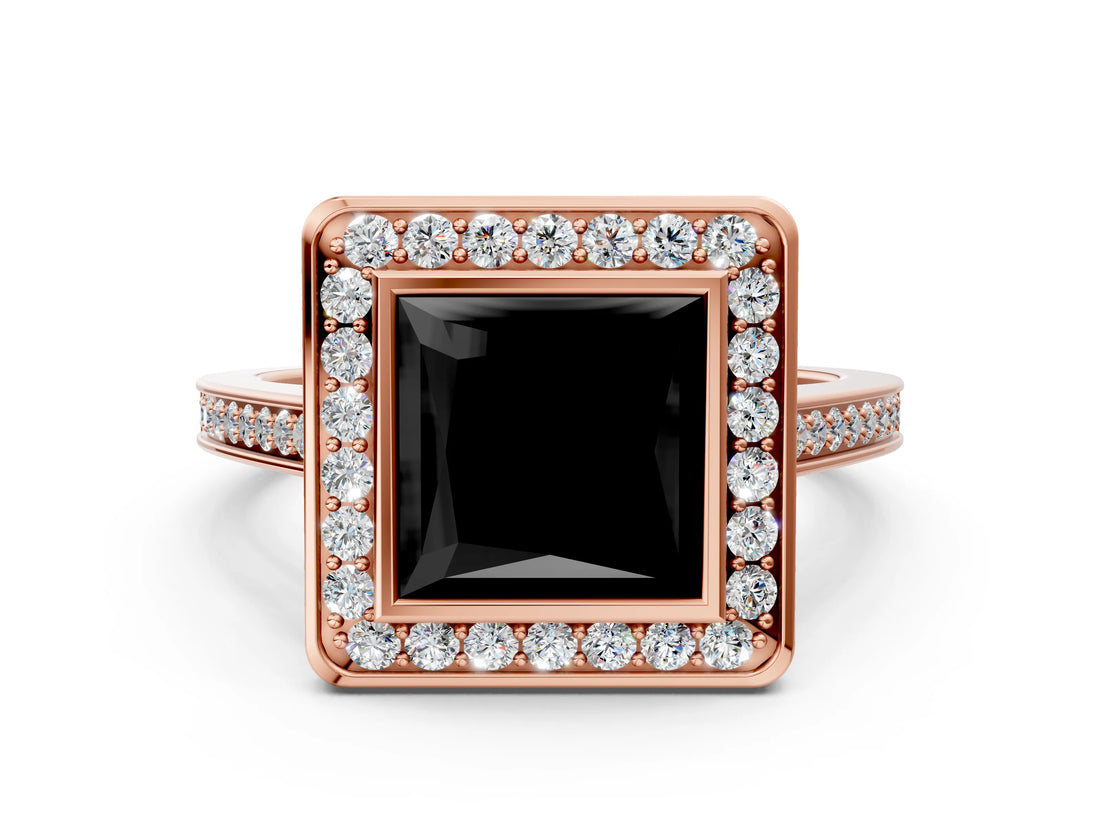 Rose gold Fancy Black Princess Cut Halo Bezel Diamond Pave Band Ring