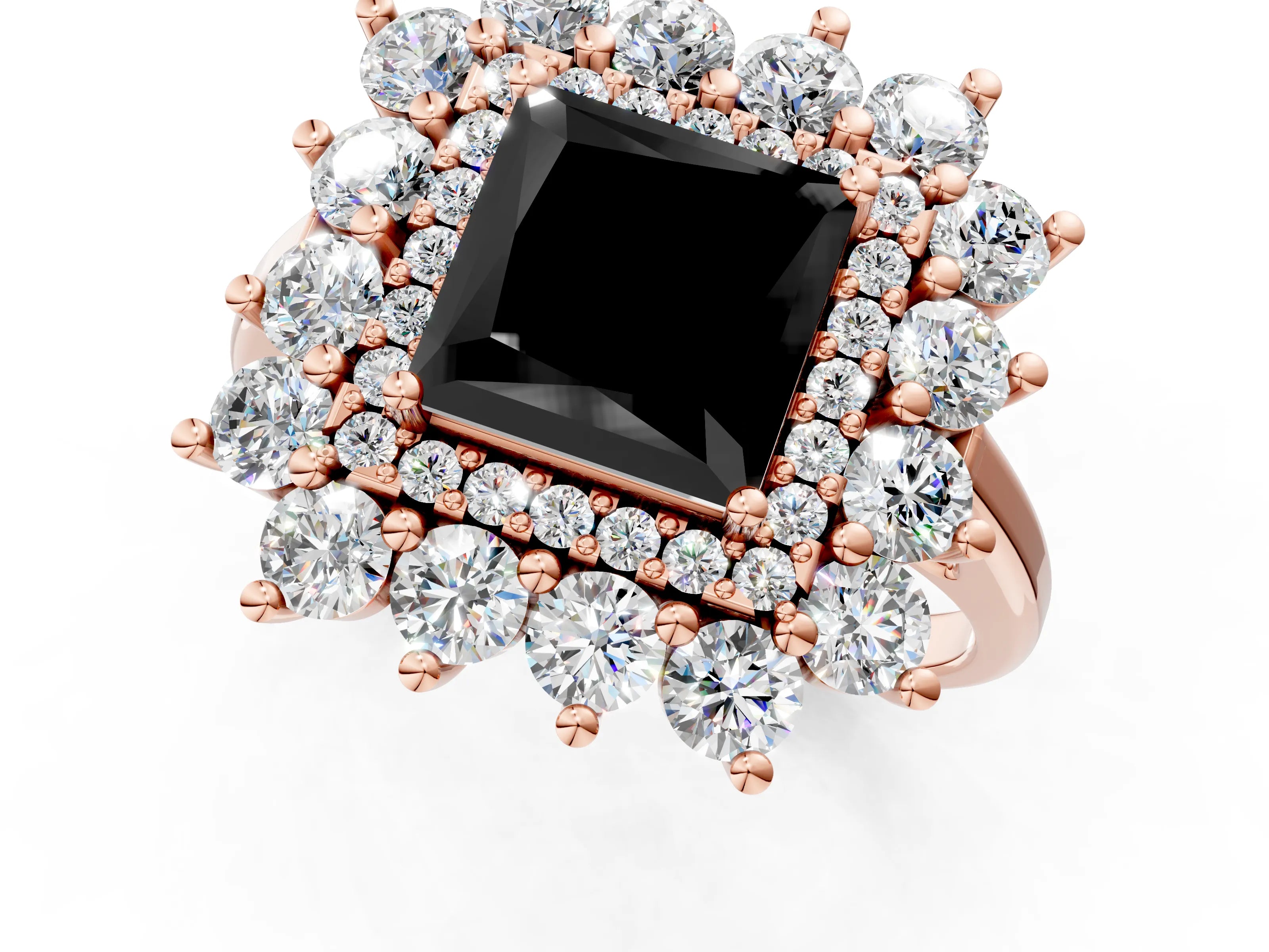 Rose gold Fancy Black Princess Cut Halo Cluster Diamond Ring with Pave Band and Four-Prong Setting_1