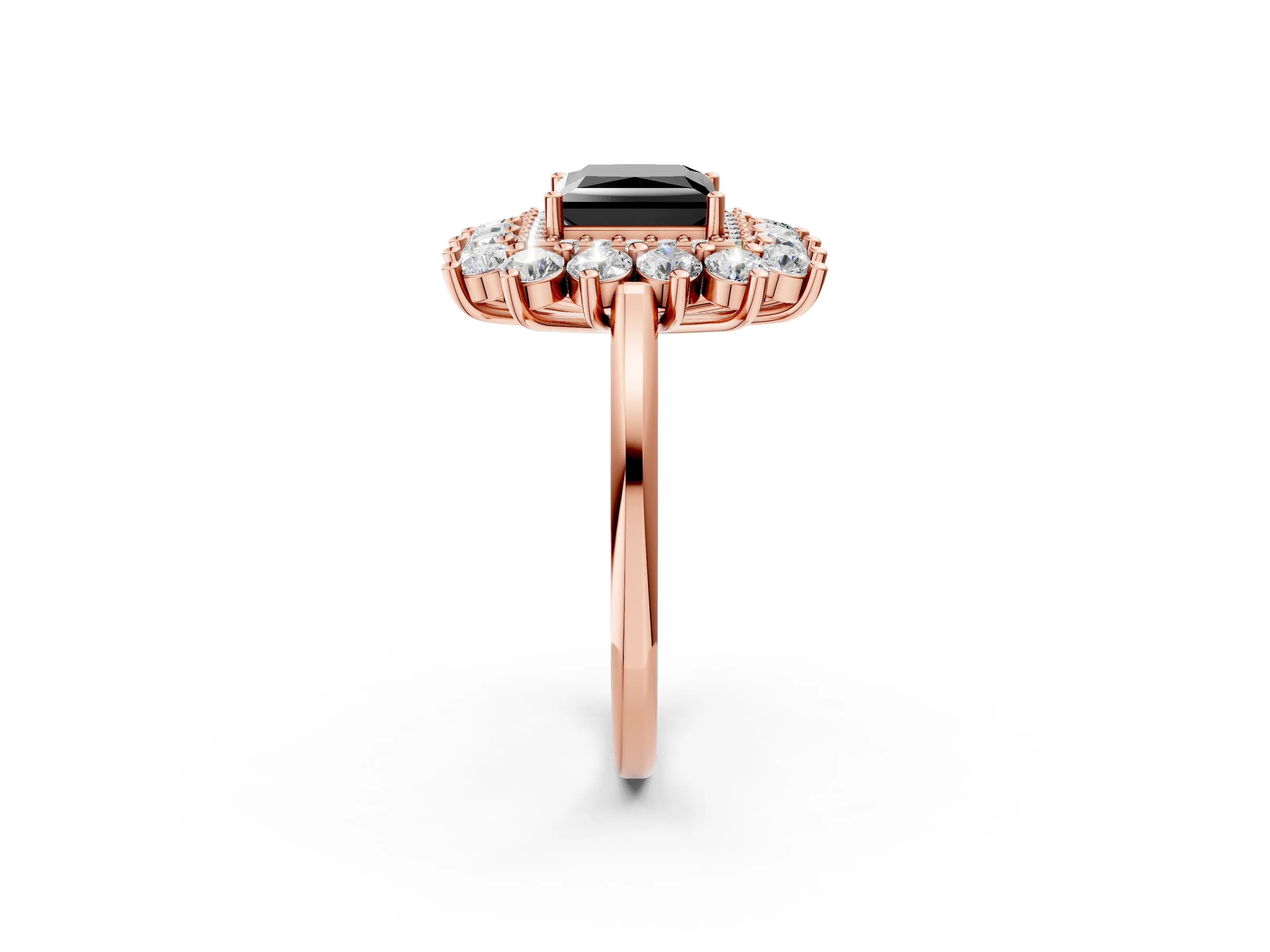 Rose gold Fancy Black Princess Cut Halo Cluster Diamond Ring with Pave Band and Four-Prong Setting_14