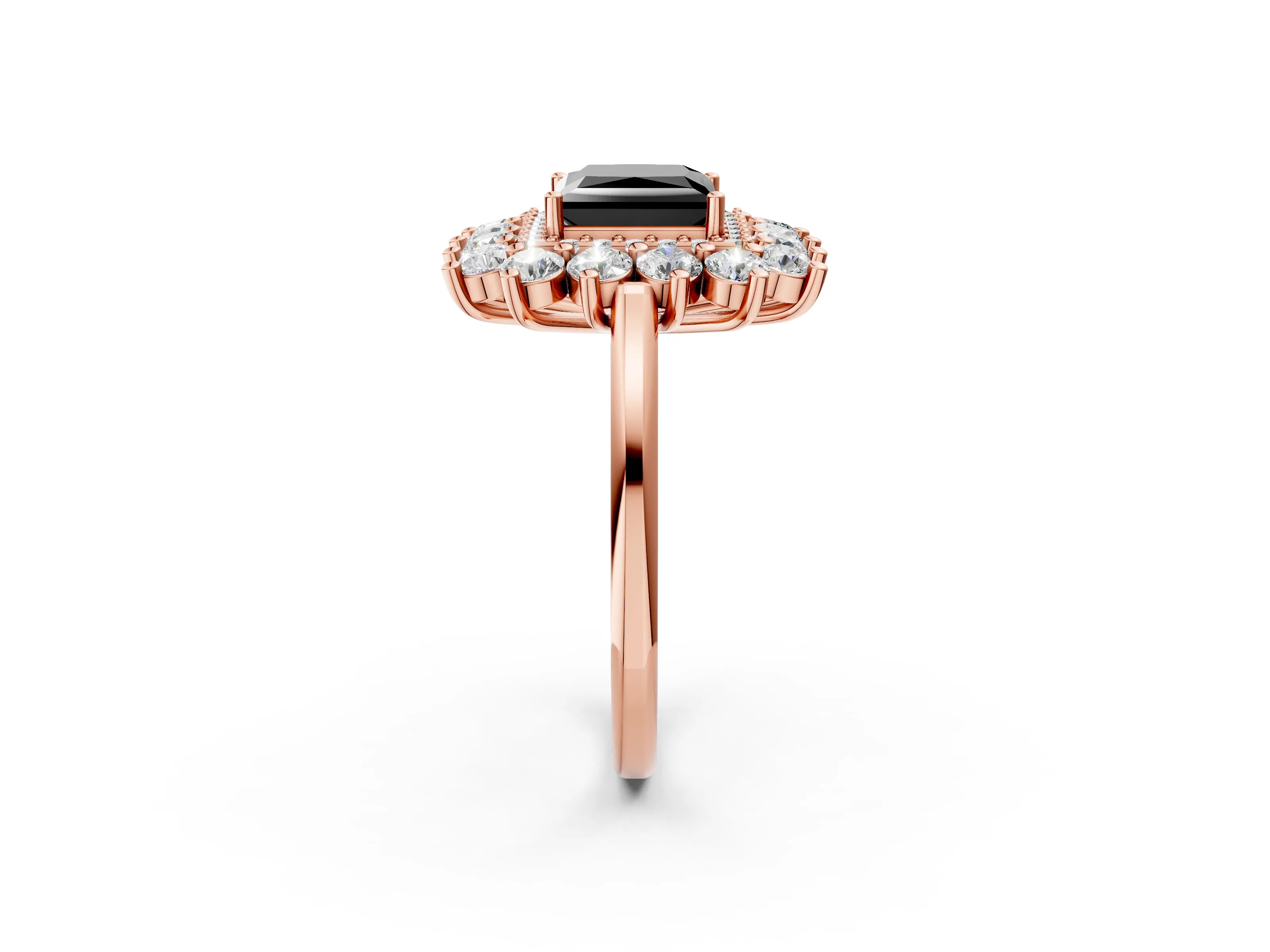 Rose gold Fancy Black Princess Cut Halo Cluster Diamond Ring with Pave Band and Four-Prong Setting_2