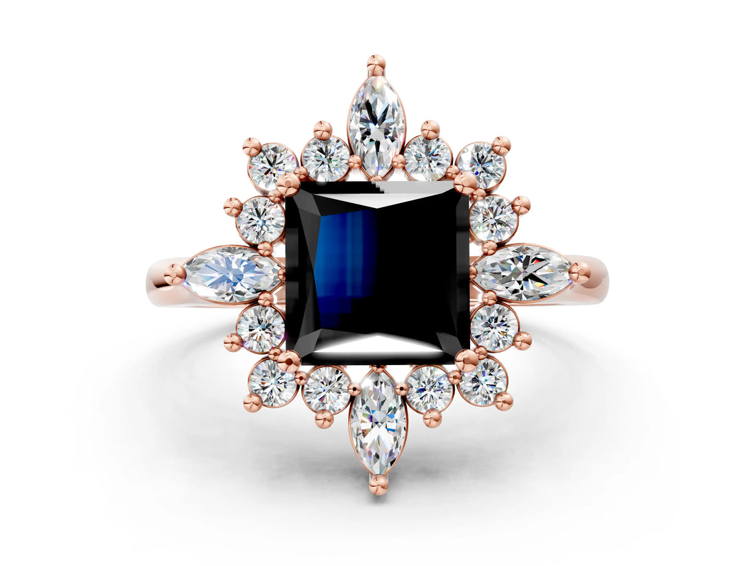 Rose gold Fancy Black Princess Cut Halo Diamond Cluster Ring with Marquise and Round Stones on a White Gold Band with Prong Setting