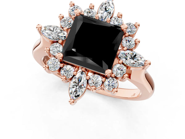 Rose gold Fancy Black Princess Cut Starburst Halo Engagement Ring Setting with Marquise and Round Accents