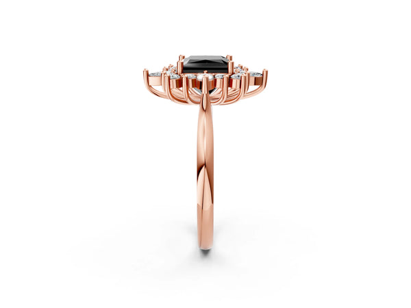 Rose gold Fancy Black Princess Cut Starburst Halo Engagement Ring Setting with Marquise and Round Accents