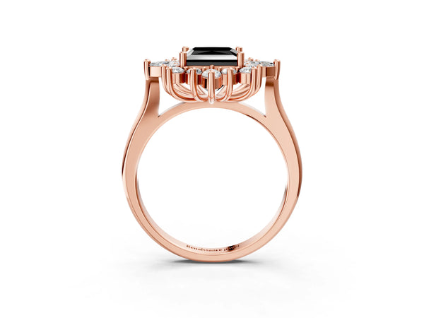 Rose gold Fancy Black Princess Cut Starburst Halo Engagement Ring Setting with Marquise and Round Accents