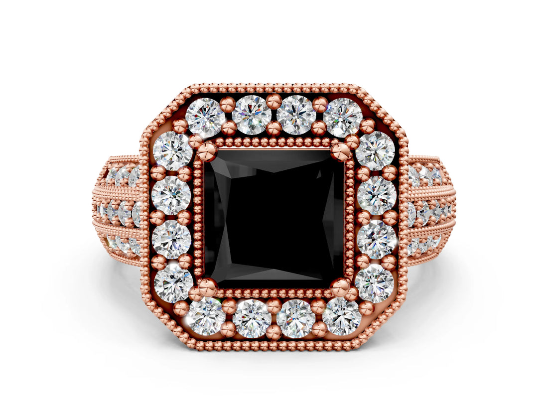 Rose gold Fancy Black Princess Cut Halo Diamond Engagement Ring with Pave Split Shank and Four-Prong Setting