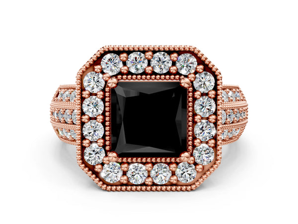 Rose gold Fancy Black Princess Cut Halo Diamond Engagement Ring with Pave Split Shank and Four-Prong Setting