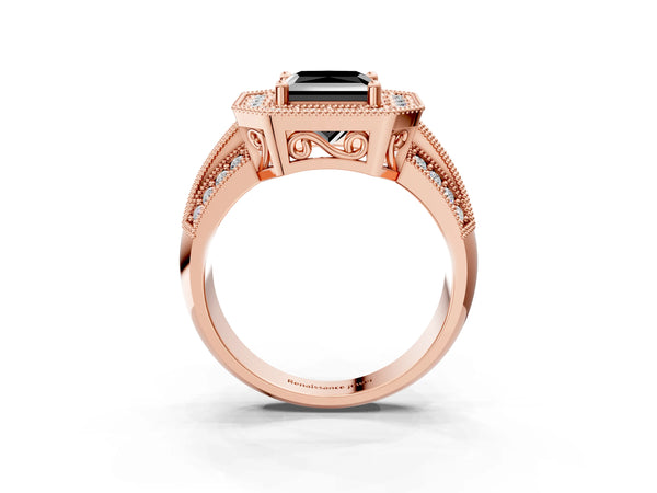 Rose gold Fancy Black Princess Cut Halo Diamond Engagement Ring with Pave Split Shank and Four-Prong Setting