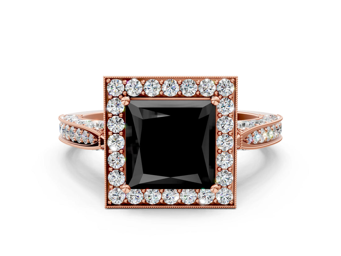 Rose gold Fancy Black Princess Cut Halo Diamond Engagement Ring with Split Shank Band and Four-Prong Setting