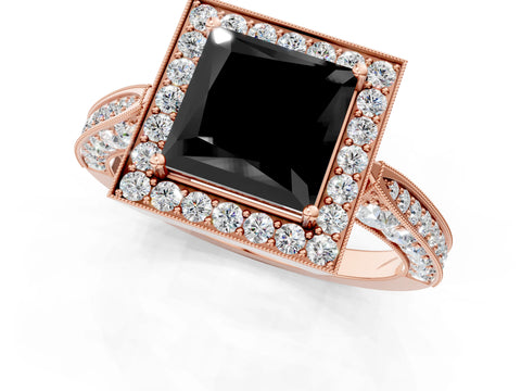 Rose gold Fancy Black Princess Cut Halo Diamond Engagement Ring with Split Shank Band and Four-Prong Setting_1