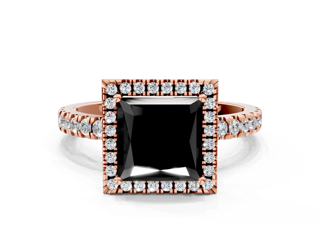 Rose gold Fancy Black Princess Cut Halo Diamond Pave Band with Prong Setting