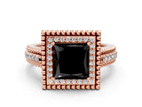 Rose gold Fancy Black Princess Cut Halo Diamond Ring with Beaded Split Shank and Four-Prong Setting