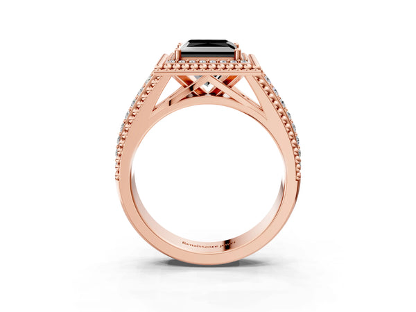 Rose Gold Princess Cut Beaded Halo Engagement Ring Setting for Black Center with Pave