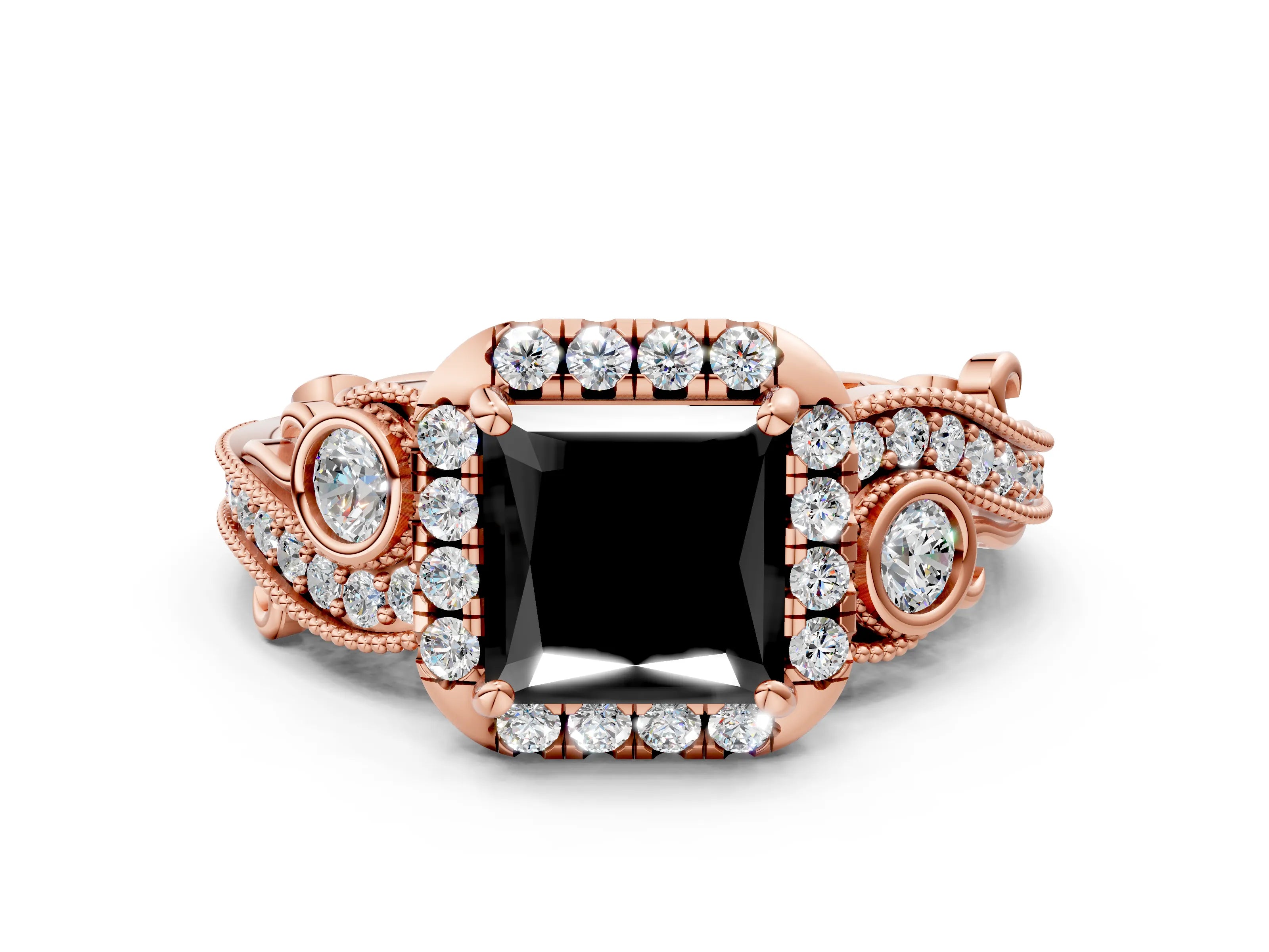 Rose gold Fancy Black Princess Cut Halo Diamond Ring with Milgrain and Bezel Accents on a Split Shank Band