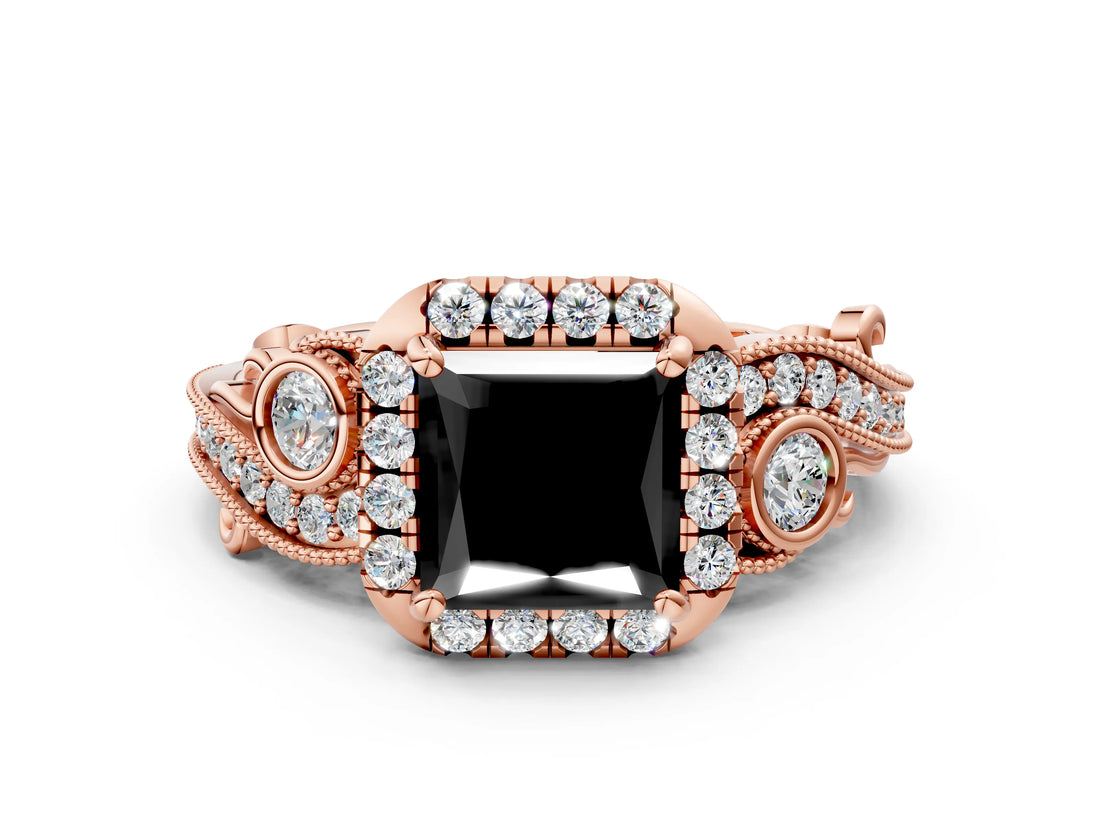 Rose gold Fancy Black Princess Cut Halo Diamond Ring with Milgrain and Bezel Accents on a Split Shank Band_12