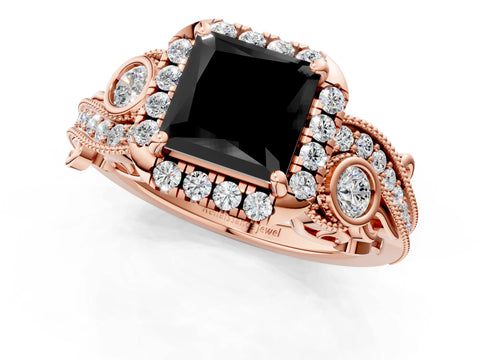 Rose gold Fancy Black Princess Cut Halo Diamond Ring with Milgrain and Bezel Accents on a Split Shank Band_1