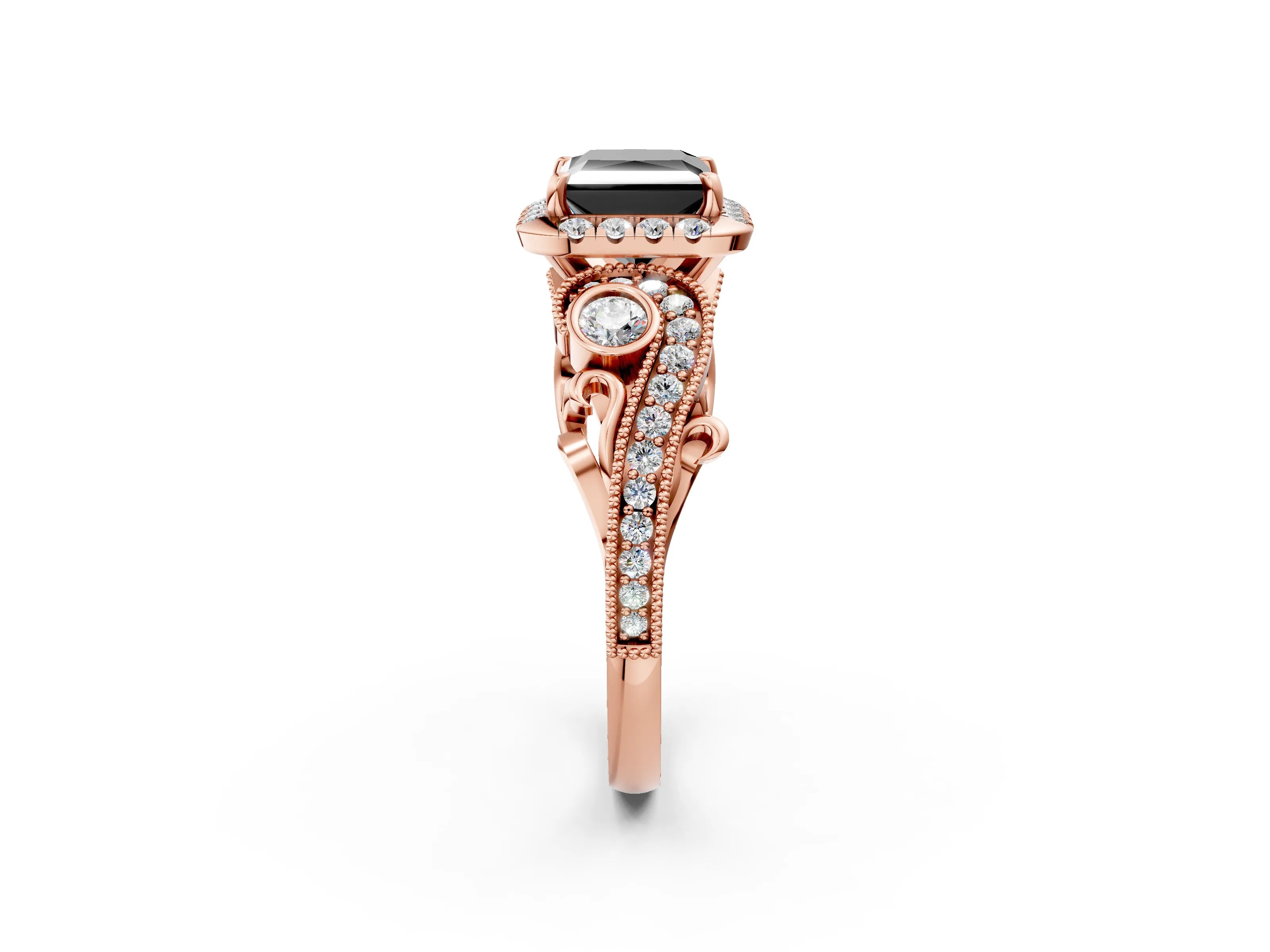 Rose gold Fancy Black Princess Cut Halo Diamond Ring with Milgrain and Bezel Accents on a Split Shank Band_2