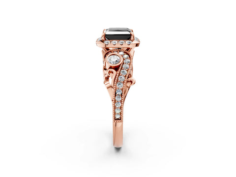Rose gold Fancy Black Princess Cut Halo Diamond Ring with Milgrain and Bezel Accents on a Split Shank Band_2