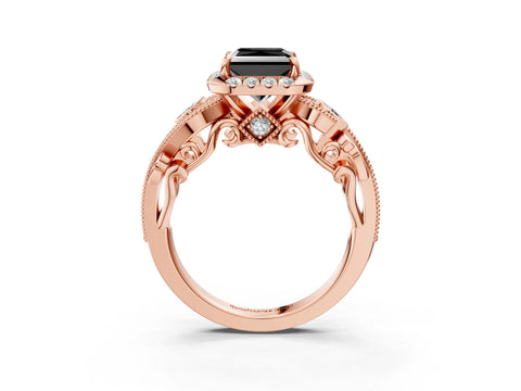 Rose gold Fancy Black Princess Cut Halo Diamond Ring with Milgrain and Bezel Accents on a Split Shank Band_3