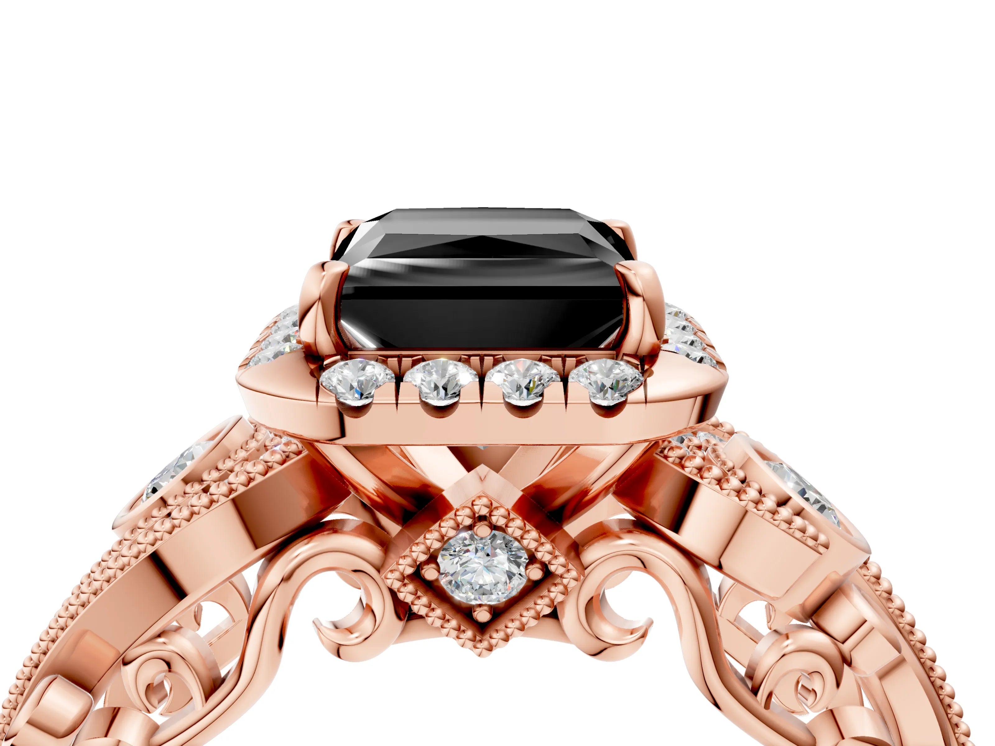 Rose gold Fancy Black Princess Cut Halo Diamond Ring with Milgrain and Bezel Accents on a Split Shank Band_4